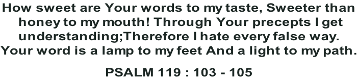 How sweet are Your words to my taste, Sweeter than  honey to my mouth! Through Your precepts I get  understanding;Therefore I hate every false way.   Your word is a lamp to my feet And a light to my path.  PSALM 119 : 103 - 105